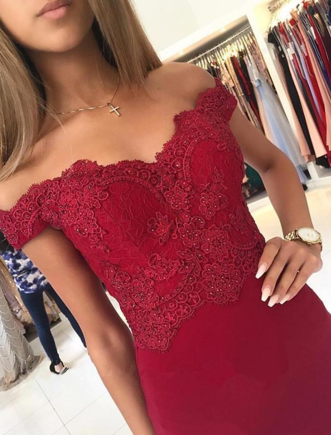 Mermaid / Trumpet Homecoming Dresses Minimalist Dress Cocktail Party Prom Knee Length Short Sleeve Off Shoulder Stretch Fabric Backless with Beading Lace Insert Appliques