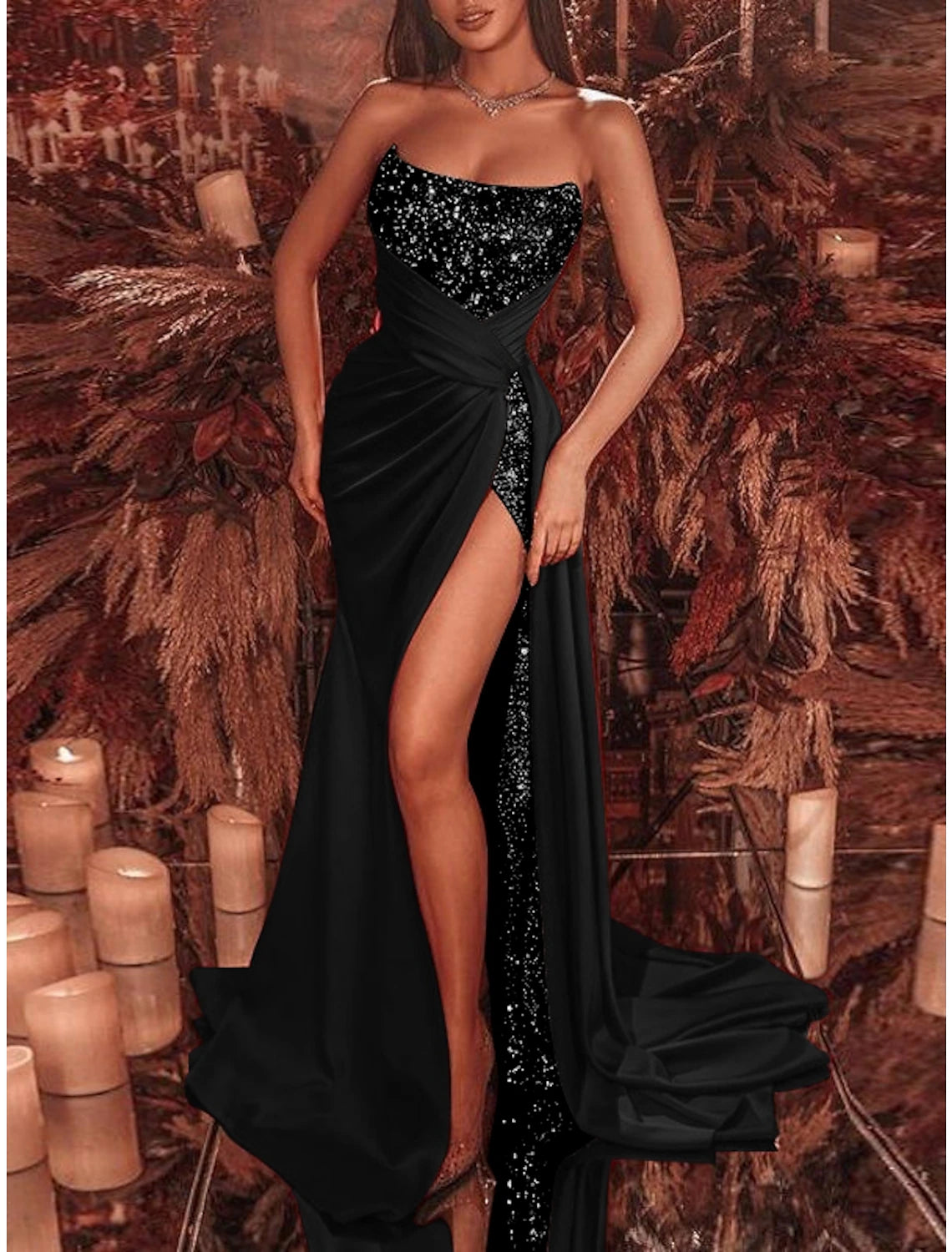 Sheath Black Dress Evening Gown Celebrity Style Dress Formal Court Train Sleeveless Strapless Sequined with Ruched Sequin