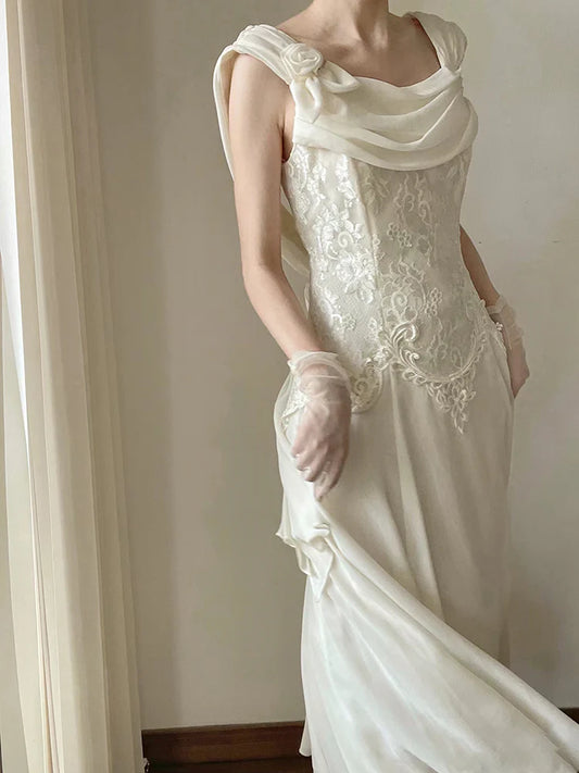 DingJiDress Formal Women's Dresses A Line Lace Applique Chiffon Dress Wedding Dress Without gloves