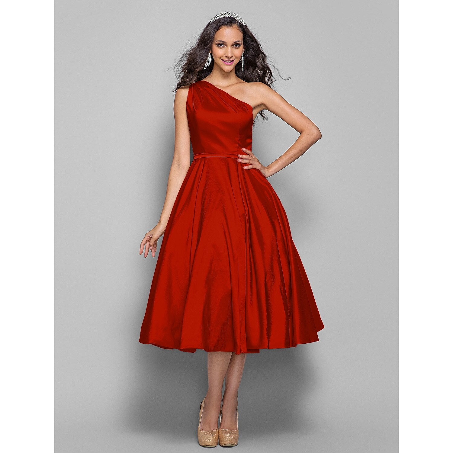 A-Line Minimalist Elegant Cocktail Party Wedding Party Dress One Shoulder Sleeveless Tea Length Taffeta with Sash / Ribbon