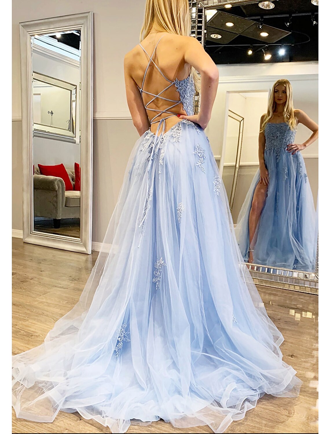 A-Line Prom Dresses Puffy Dress Formal Floor Length Sleeveless Sweetheart Tulle Backless with Appliques
