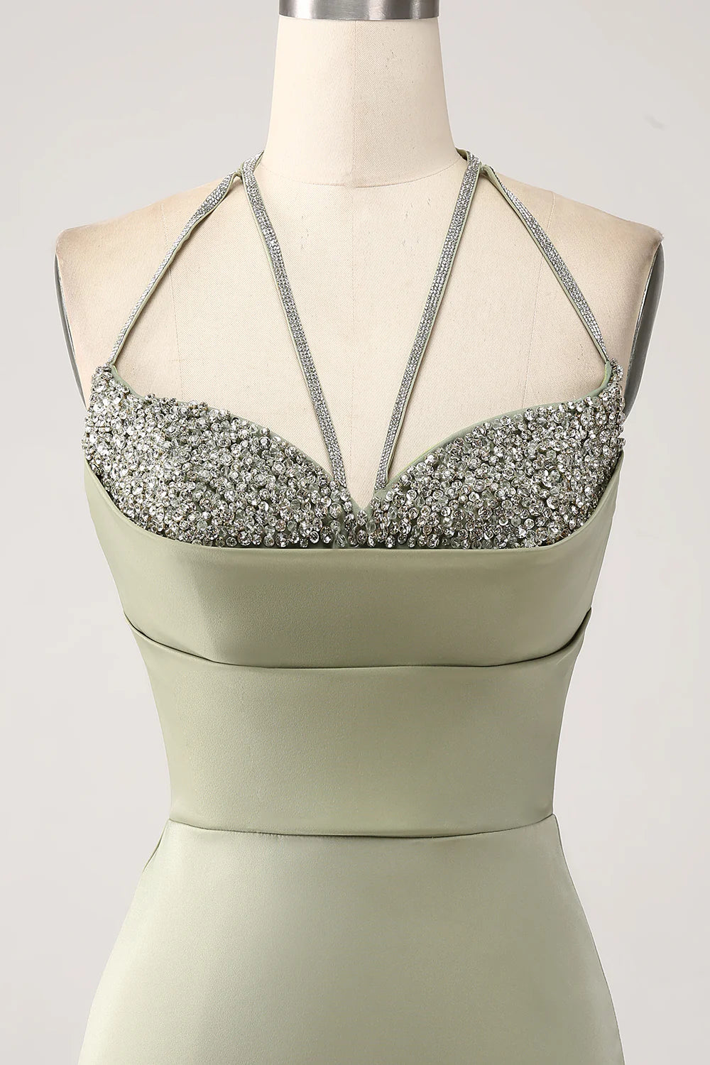 DingJiDress Sheath Pistachio V-Neck Beaded Long Prom Dress With Slit