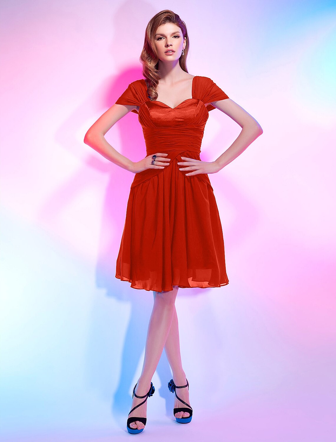 A-Line Cute Dress Homecoming Knee Length Short Sleeve Sweetheart Chiffon with Draping