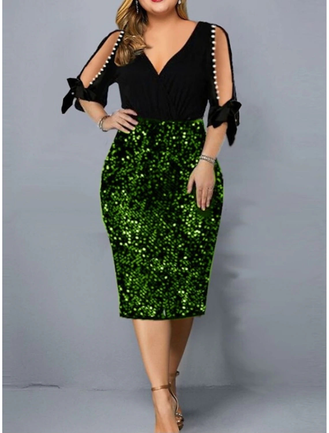 Sheath / Column Party Dresses Sparkle & Shine Dress Party Wear Fall Tea Length Half Sleeve V Neck Sequined with Glitter Bow(s)