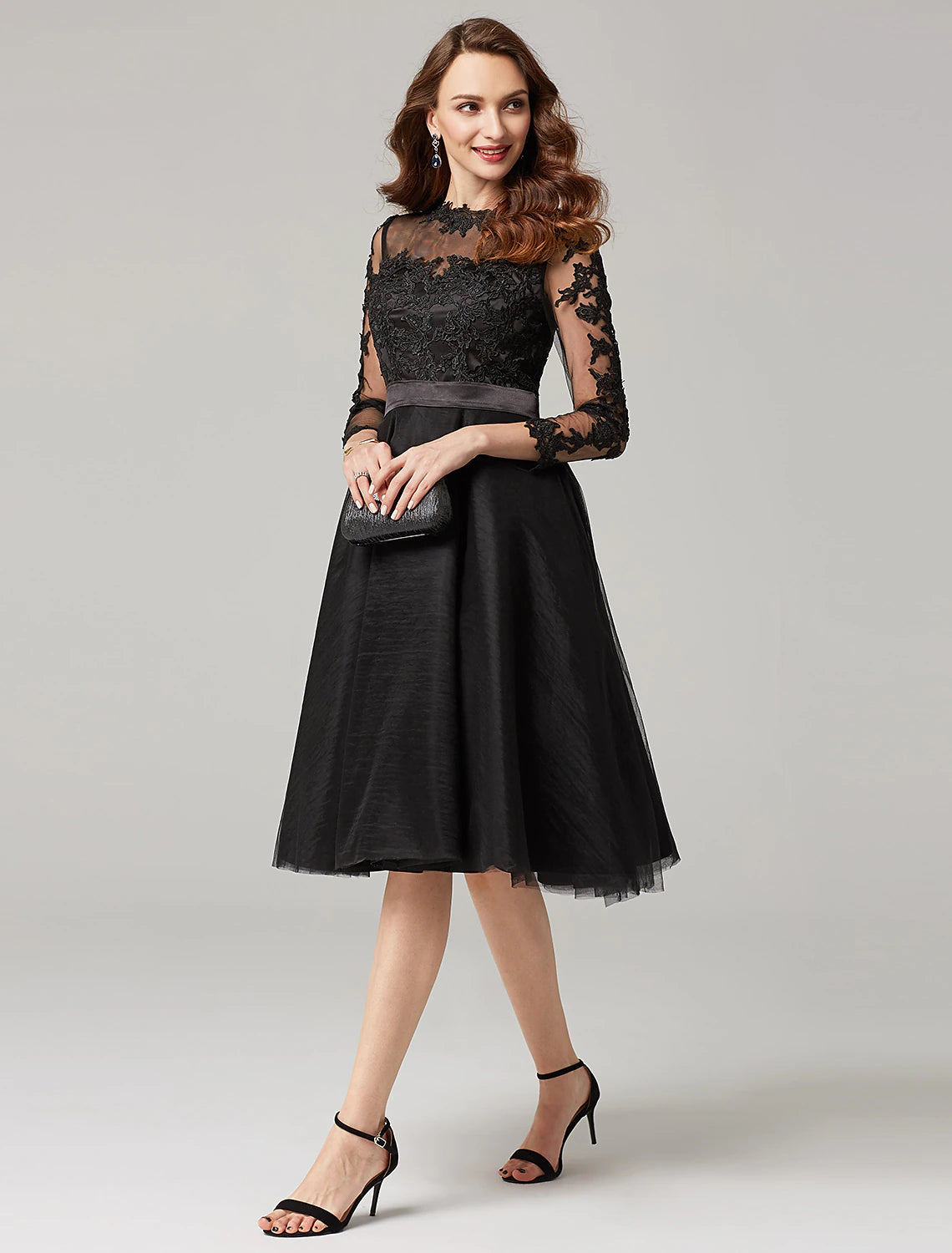 A-Line Elegant Dress Wedding Guest Knee Length 3/4 Length Sleeve Illusion Neck Tulle Over Lace with Appliques