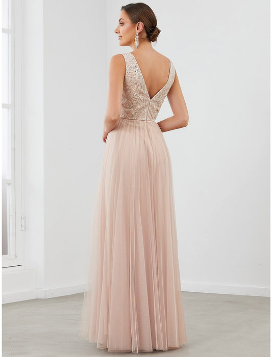 A-Line Evening Gown Elegant Dress Wedding Guest Floor Length Sleeveless V Neck Tulle V Back with Sequin Draping