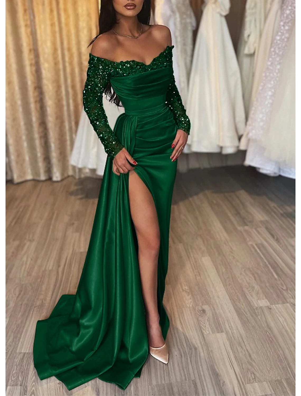 Mermaid Black Dress Evening Gown Ruched Sequin Dress Formal Sparkle Wedding Party Court Train Long Sleeve Off Shoulder Fall Wedding Reception Satin with Slit