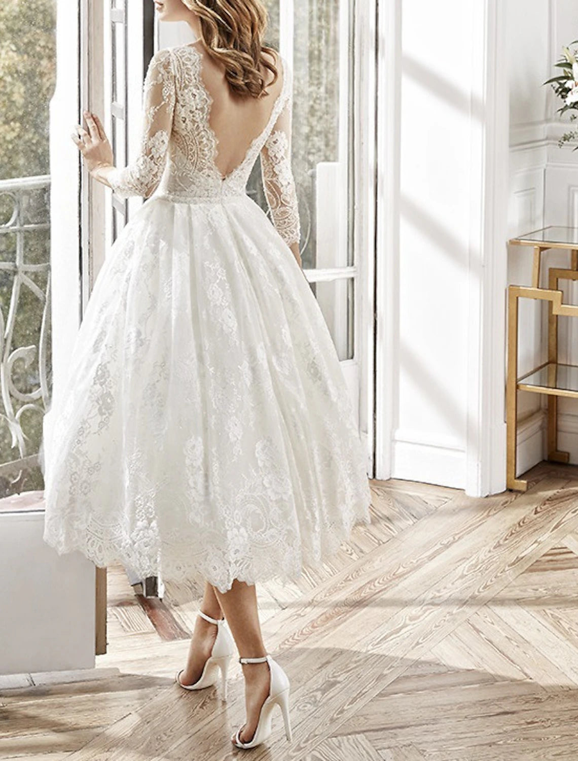 A-Line Party Dresses Floral Dress Homecoming Prom Tea Length Long Sleeve Jewel Neck Polyester Backless with Appliques