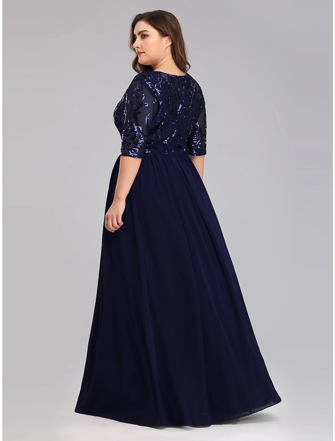 A-Line Prom Dresses Plus Size Dress Wedding Guest Floor Length Half Sleeve Plunging Neck Chiffon with