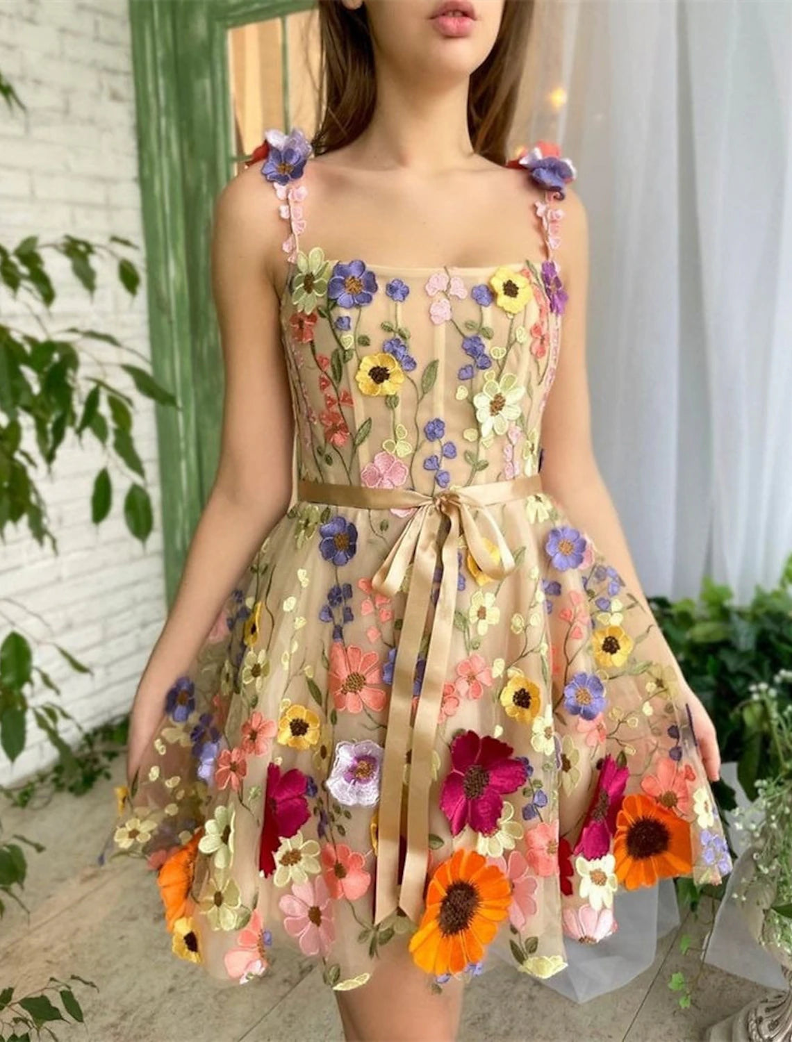 A-Line Cocktail Dresses Floral Dress Summer Garden Party Short / Mini Sleeveless Spaghetti Strap Tulle with Appliques