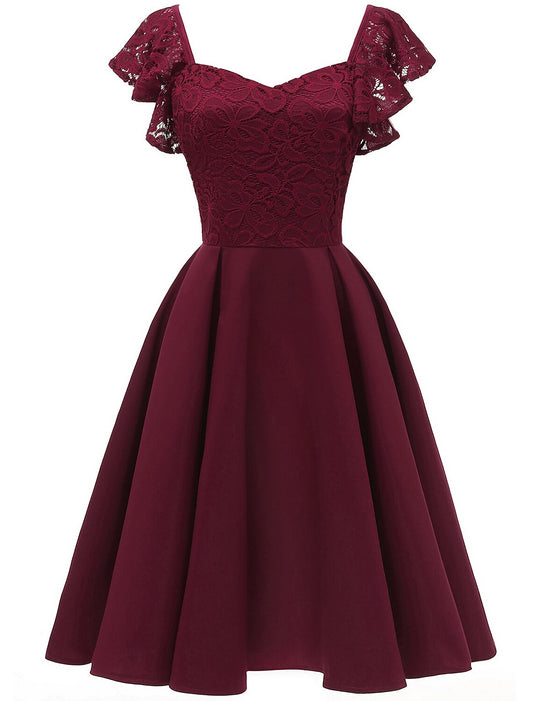 A-Line Cocktail Dresses Vintage Dress Party Wear Wedding Guest Knee Length Short Sleeve V Neck Spandex with Lace