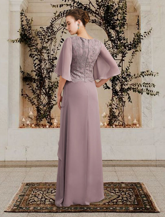 Mother of the Bride Dress Plus Size Elegant Jewel Neck Floor Length Chiffon Lace Short Sleeve with Ruffles Appliques