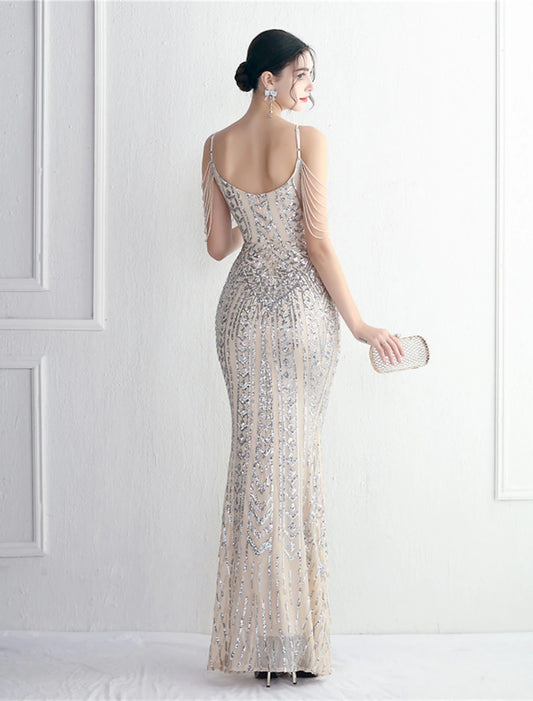 Mermaid / Trumpet Evening Gown Sparkle & Shine Dress Formal Floor Length Short Sleeve Spaghetti Strap Polyester with Beading Sequin