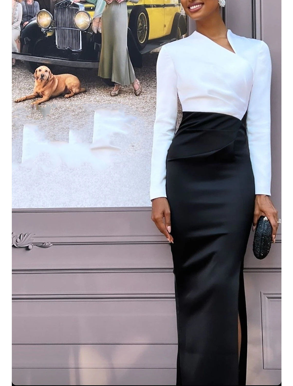 Sheath Black Dress Evening Gown Elegant Dress Formal Wedding Guest Floor Length Long Sleeve V Neck Stretch Fabric with Slit