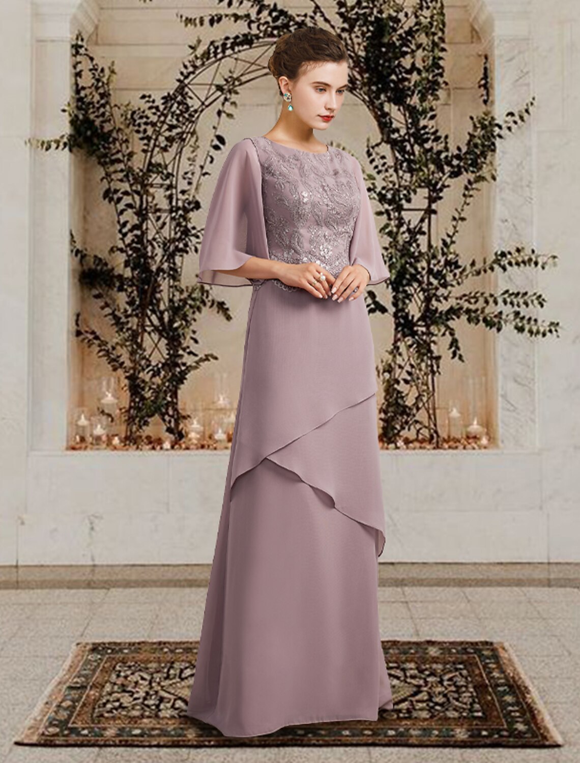 Mother of the Bride Dress Plus Size Elegant Jewel Neck Floor Length Chiffon Lace Short Sleeve with Ruffles Appliques