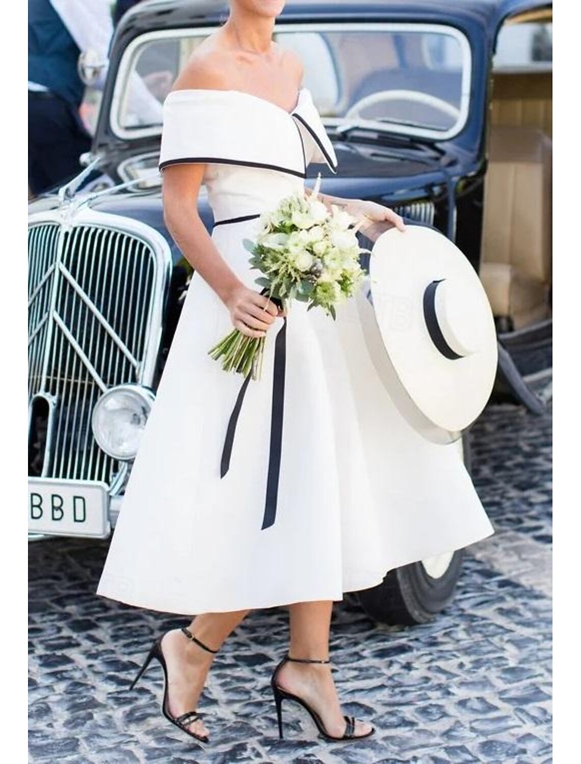 DingJiDress Wedding Dresses A-Line Off Shoulder Short Sleeve Tea Length Stretch Fabric Bridal Gowns