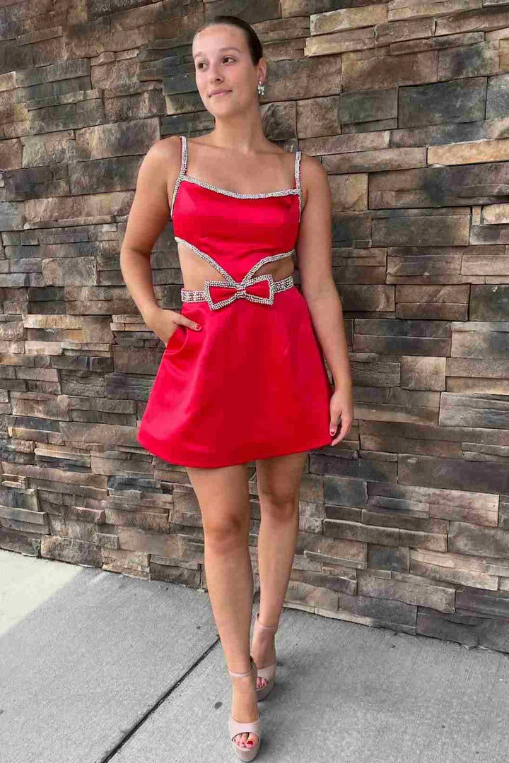 DingJiDress Homecoming Dress Spaghetti Straps Blue Cutout with Bow Graduation Dresses