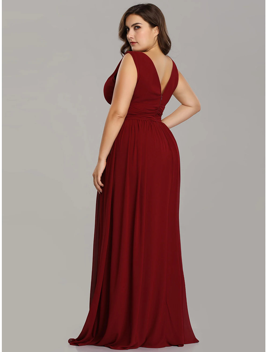 A-Line Plus Size Wedding Formal Evening Dress V Neck V Back Sleeveless Floor Length Chiffon with Pleats