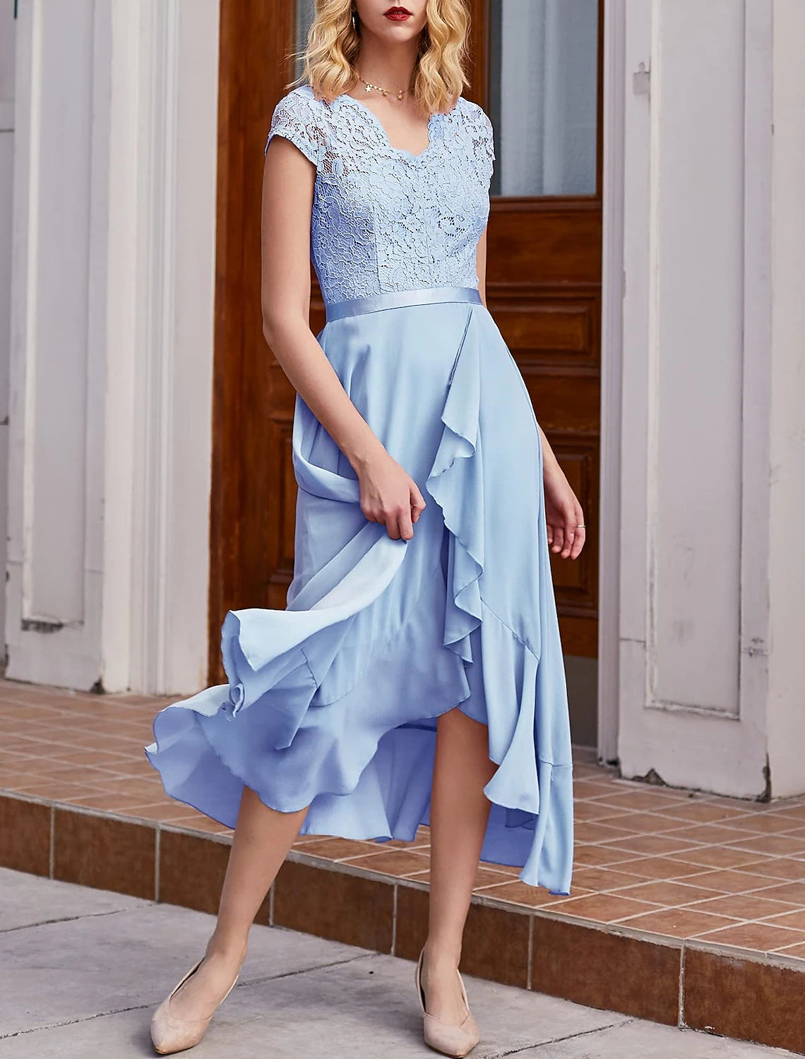 A-Line Cocktail Dresses Little Black Dress Dress Wedding Guest Cocktail Party Asymmetrical Short Sleeve One Shoulder Chiffon with Pleats