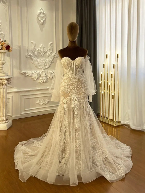 DingJiDress Long Sleeve Off The Shoulder Lace Mermaid Wedding Dresses