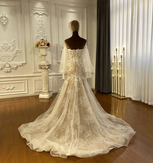 DingJiDress Long Sleeve Off The Shoulder Lace Mermaid Wedding Dresses