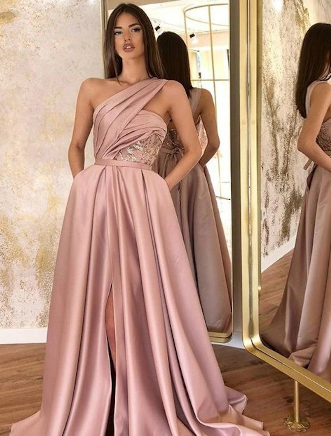 A-Line Evening Gown Celebrity Style Dress Formal Wedding Guest Floor Length Sleeveless One Shoulder Satin with Ruched