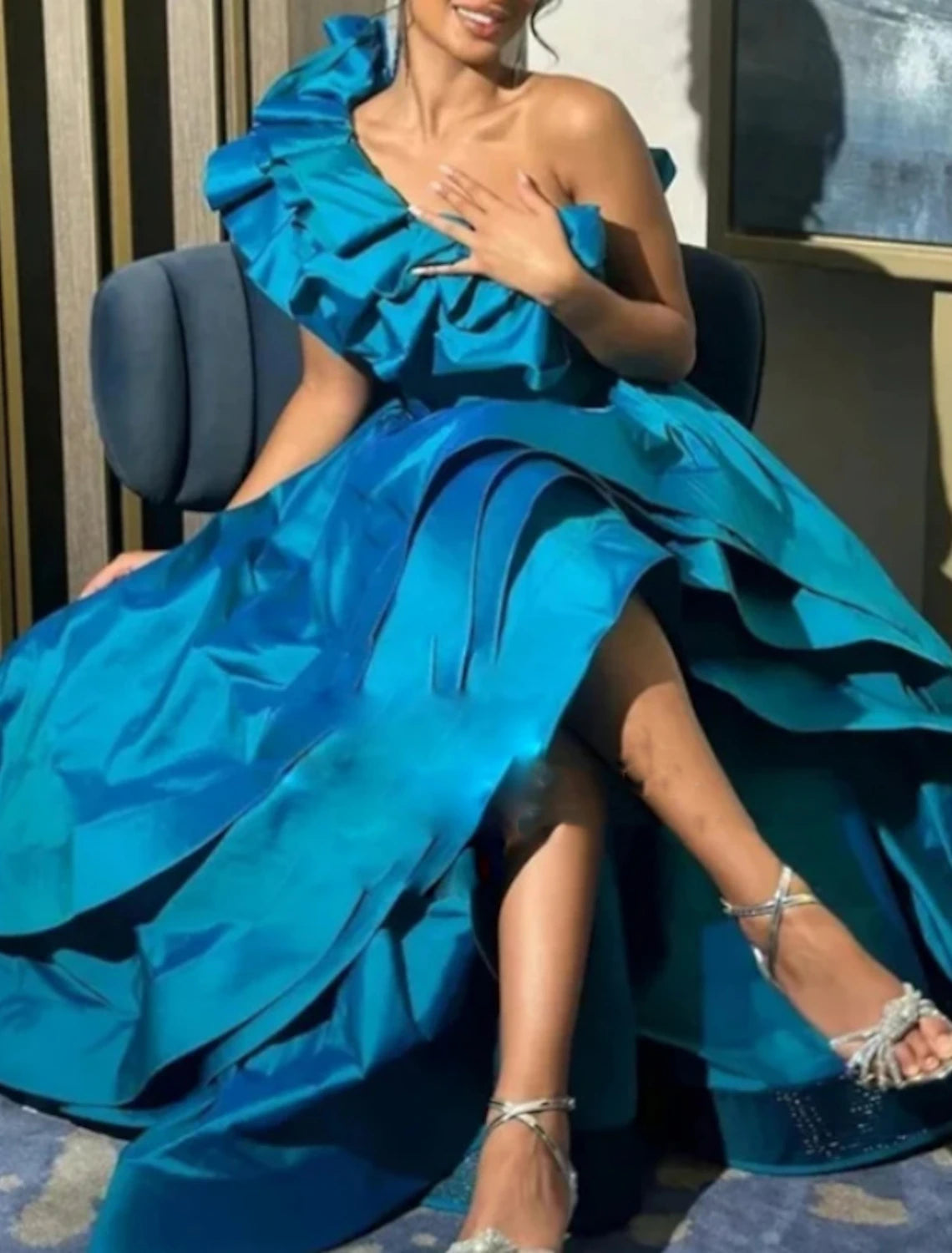 A-Line Evening Gown Elegant Dress Christmas Red Green Dress Formal Wedding Asymmetrical Sleeveless One Shoulder Satin with Ruffles Slit