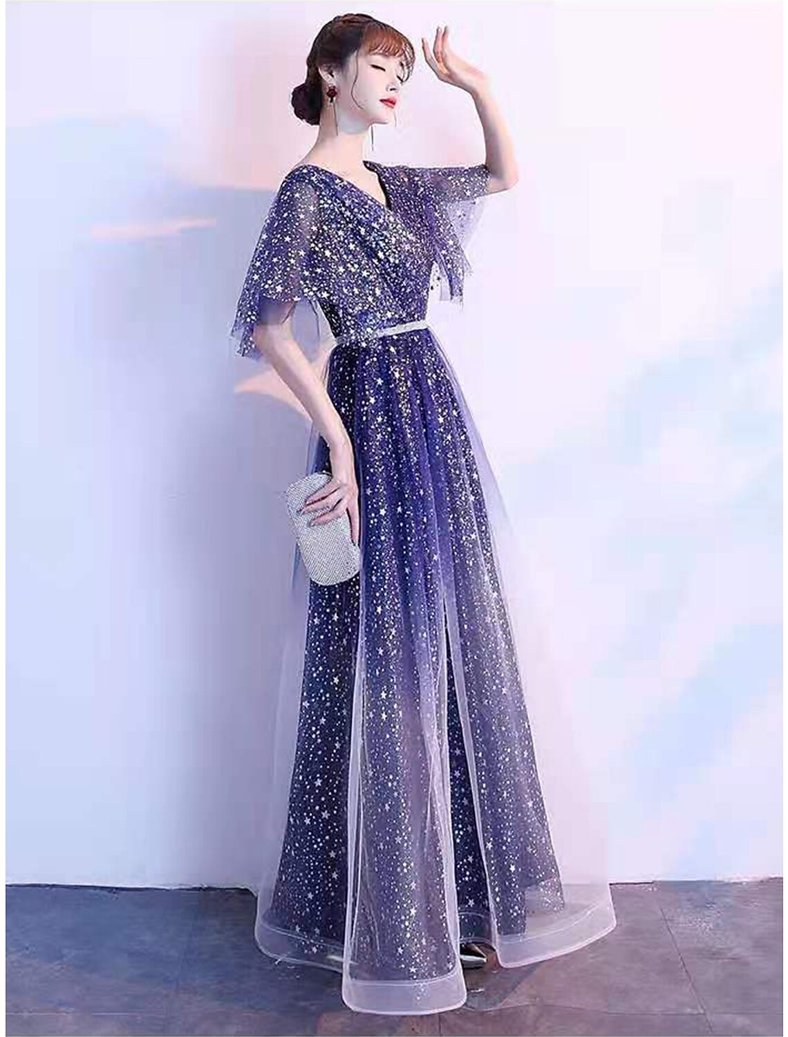 A-Line Ombre Prom Birthday Dress V Neck Short Sleeve Floor Length Tulle with Sash / Ribbon Crystals