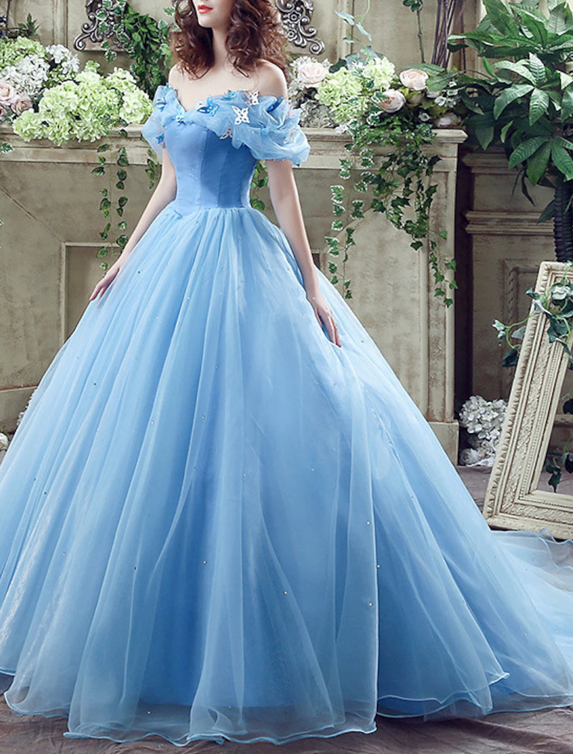 Ball Gown Evening Gown Floral Dress Quinceanera Prom Court Train Short Sleeve Off Shoulder Satin with Appliques