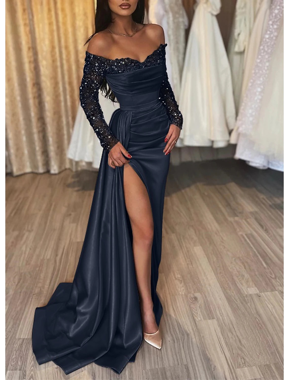 Mermaid Black Dress Evening Gown Ruched Sequin Dress Formal Sparkle Wedding Party Court Train Long Sleeve Off Shoulder Fall Wedding Reception Satin with Slit