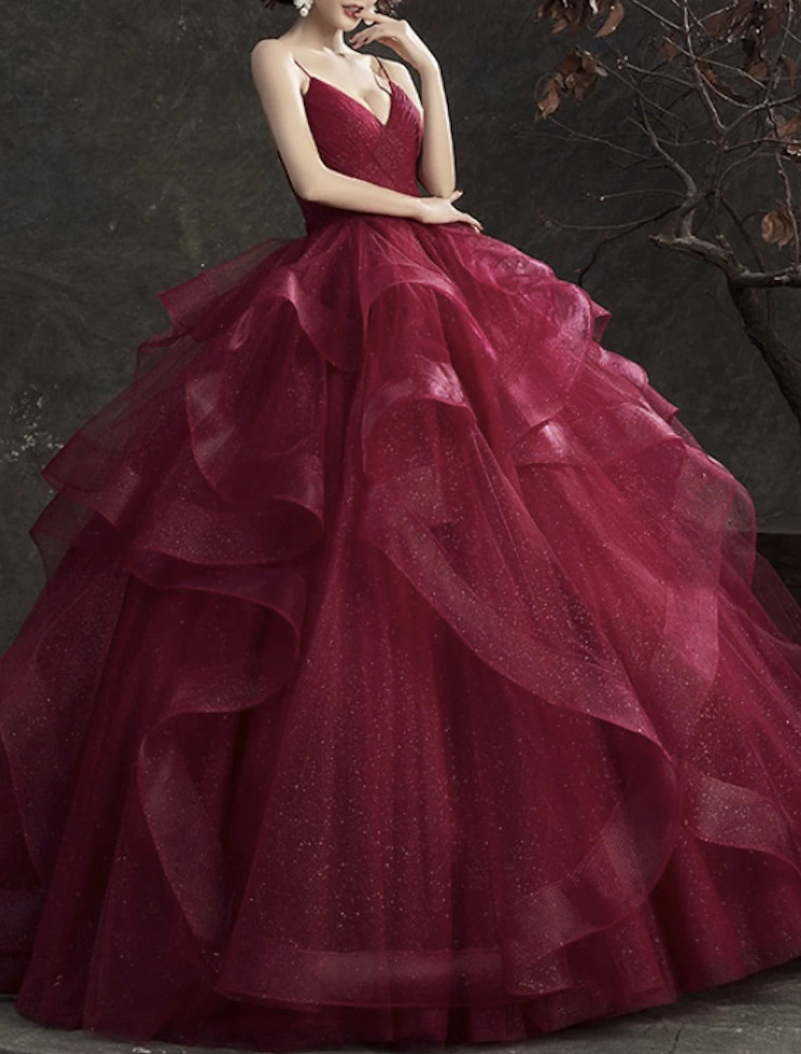 Ball Gown Glittering Luxurious Quinceanera Engagement Valentine's Day Dress V Neck Sleeveless Floor Length Tulle with Tier