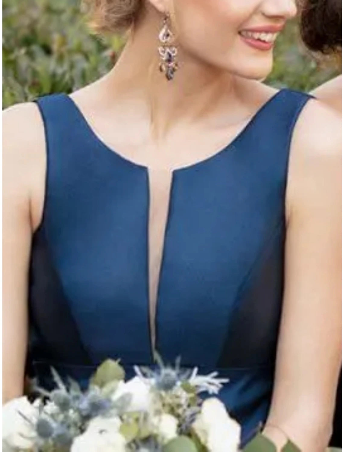 Sheath / Column Bridesmaid Dress Scoop Neck Sleeveless Blue Floor Length Satin with Pleats