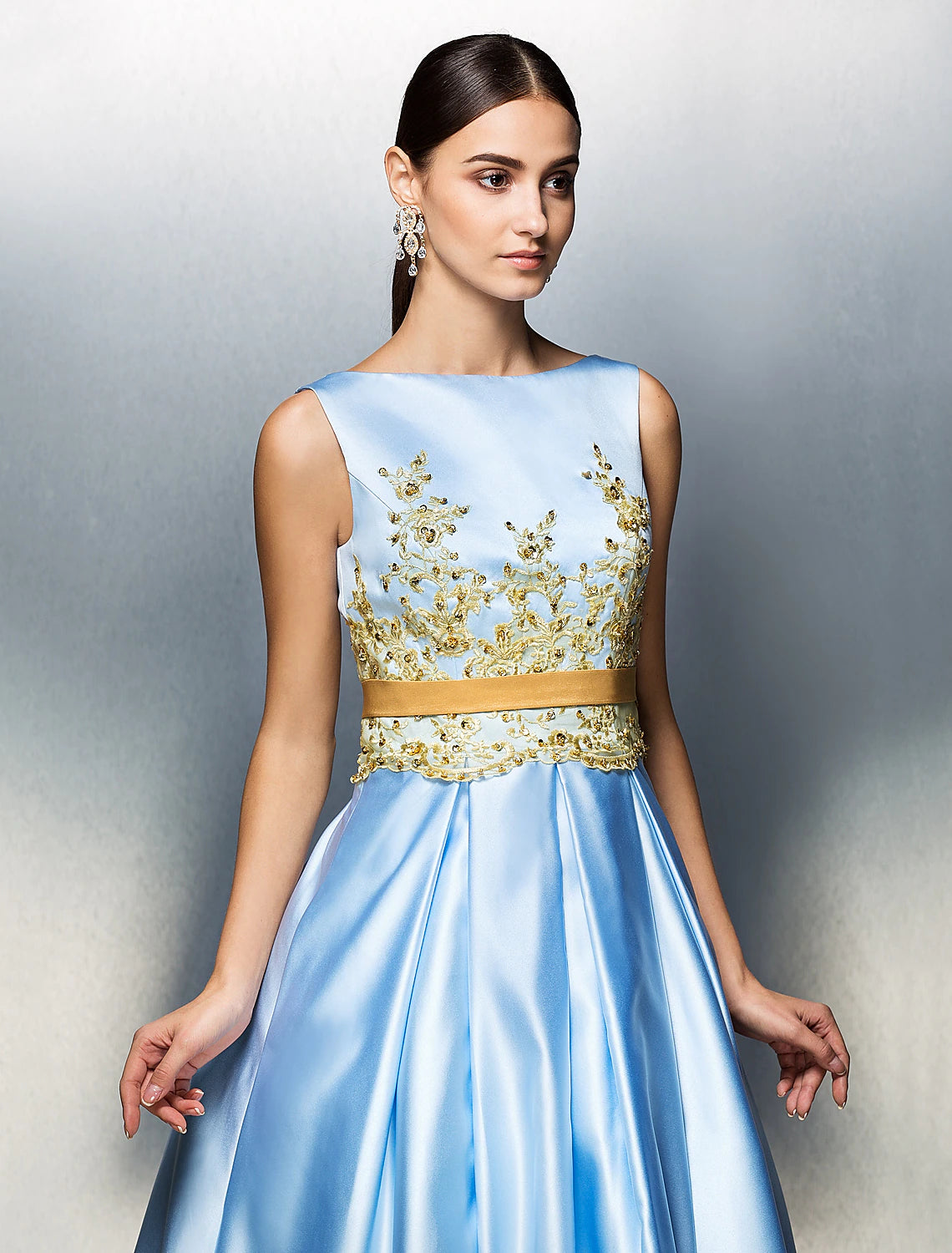A-Line Cocktail Dresses Party Dress Wedding Guest Tea Length Sleeveless Jewel Neck Satin V Back with Pleats Appliques