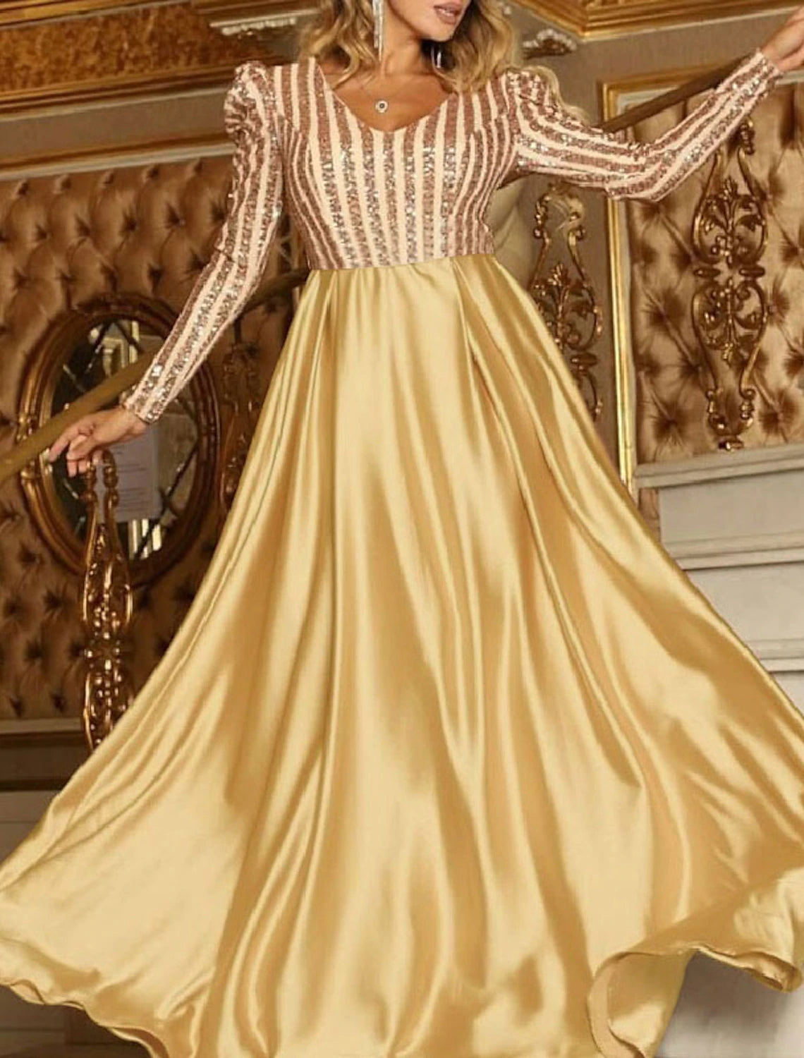 A-Line Sparkly Engagement Formal Evening Party Dress V Neck Long Sleeve Court Train Polyester with Sequin