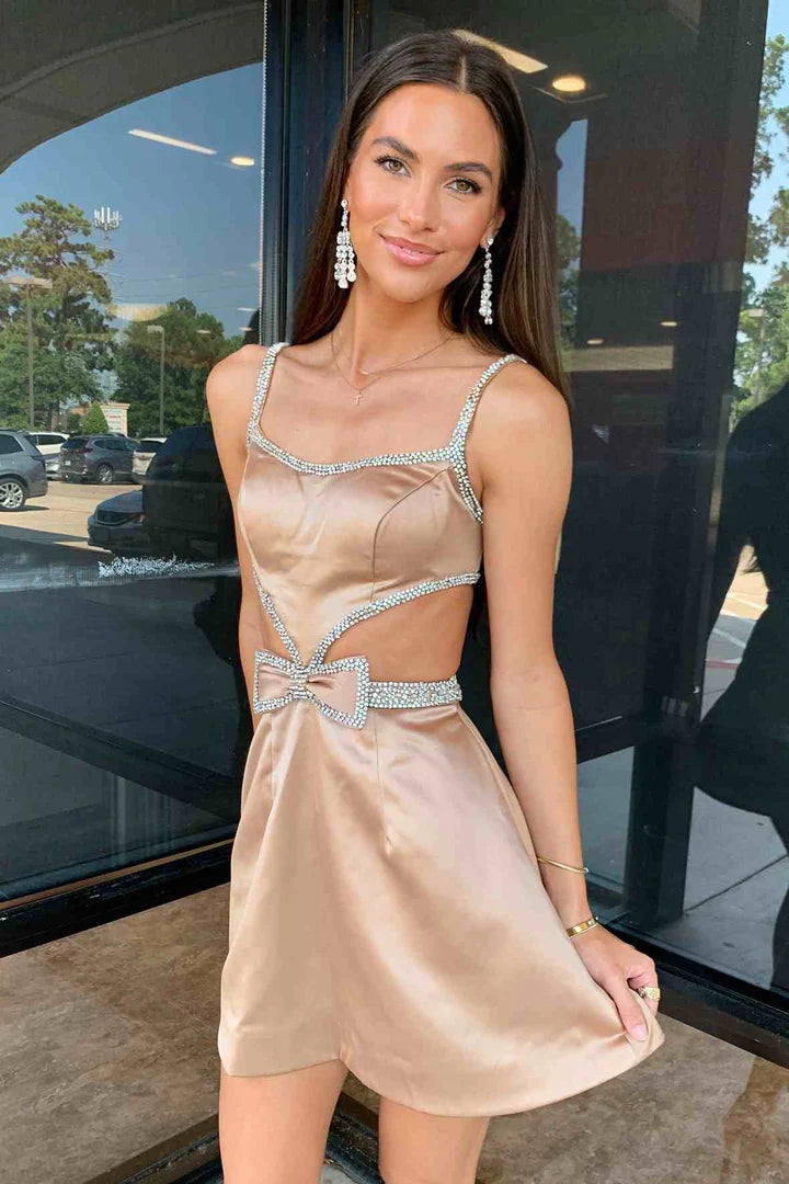 DingJiDress Homecoming Dress Spaghetti Straps Blue Cutout with Bow Graduation Dresses