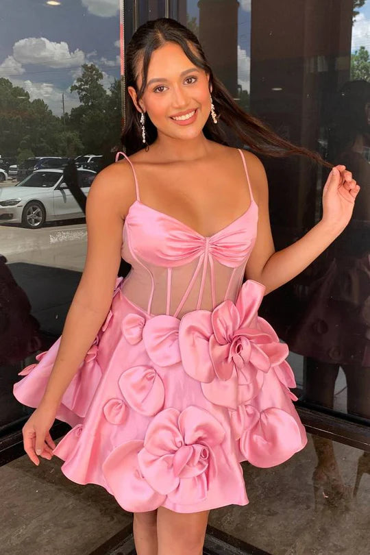 DingJiDress A-Line Homecoming Dress Pink Spaghetti Straps Graduation Dresses with 3D Floral