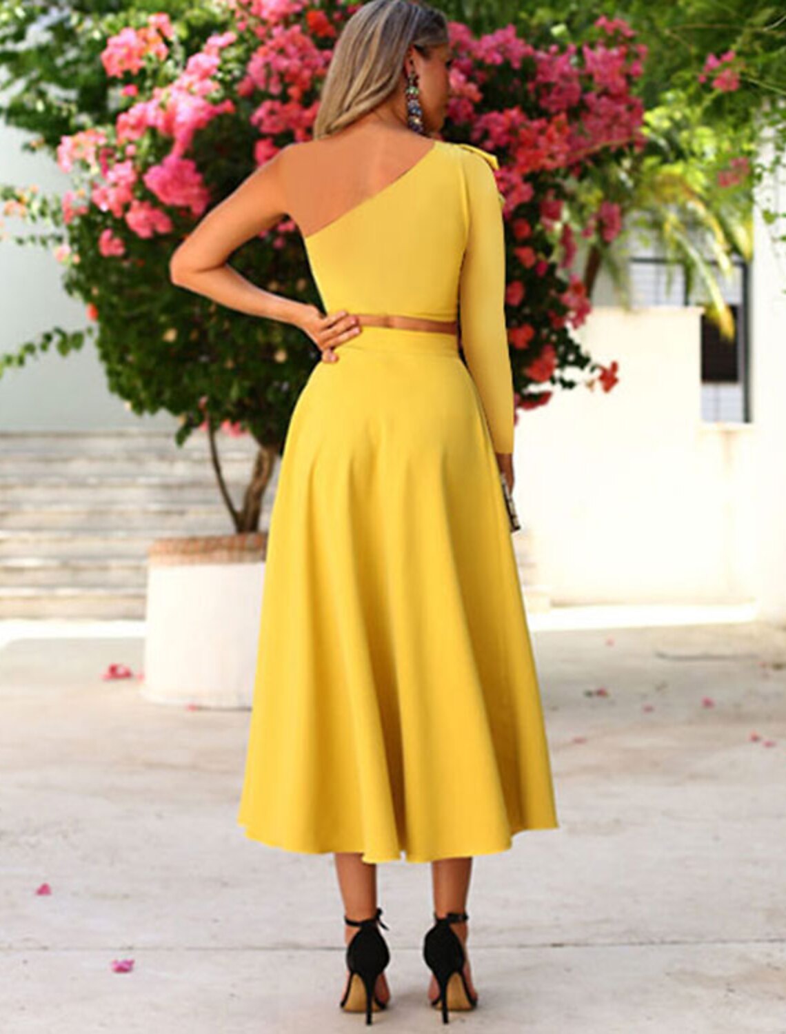 A-Line Cocktail Dresses Cut Out Dress Party Wear Wedding Guest Tea Length Long Sleeve One Shoulder Stretch Fabric with Ruffles