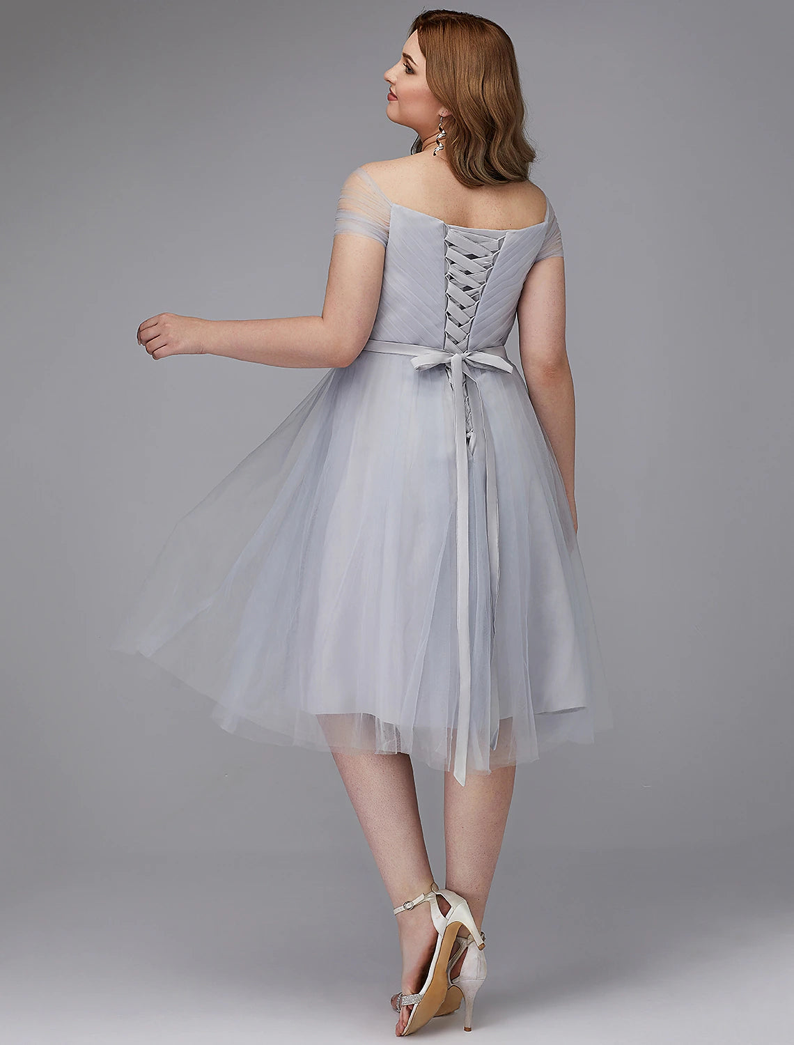 A-Line Elegant Dress Wedding Guest Cocktail Party Tea Length Short Sleeve Off Shoulder Tulle with Sash / Ribbon Criss