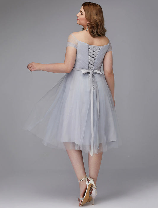 A-Line Elegant Dress Wedding Guest Cocktail Party Tea Length Short Sleeve Off Shoulder Tulle with Sash / Ribbon Criss
