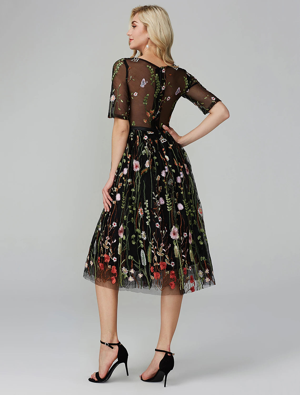 A-Line Party Dress Holiday Tea Length Half Sleeve Illusion Neck Fall Wedding Guest Organza with Embroidery Appliques