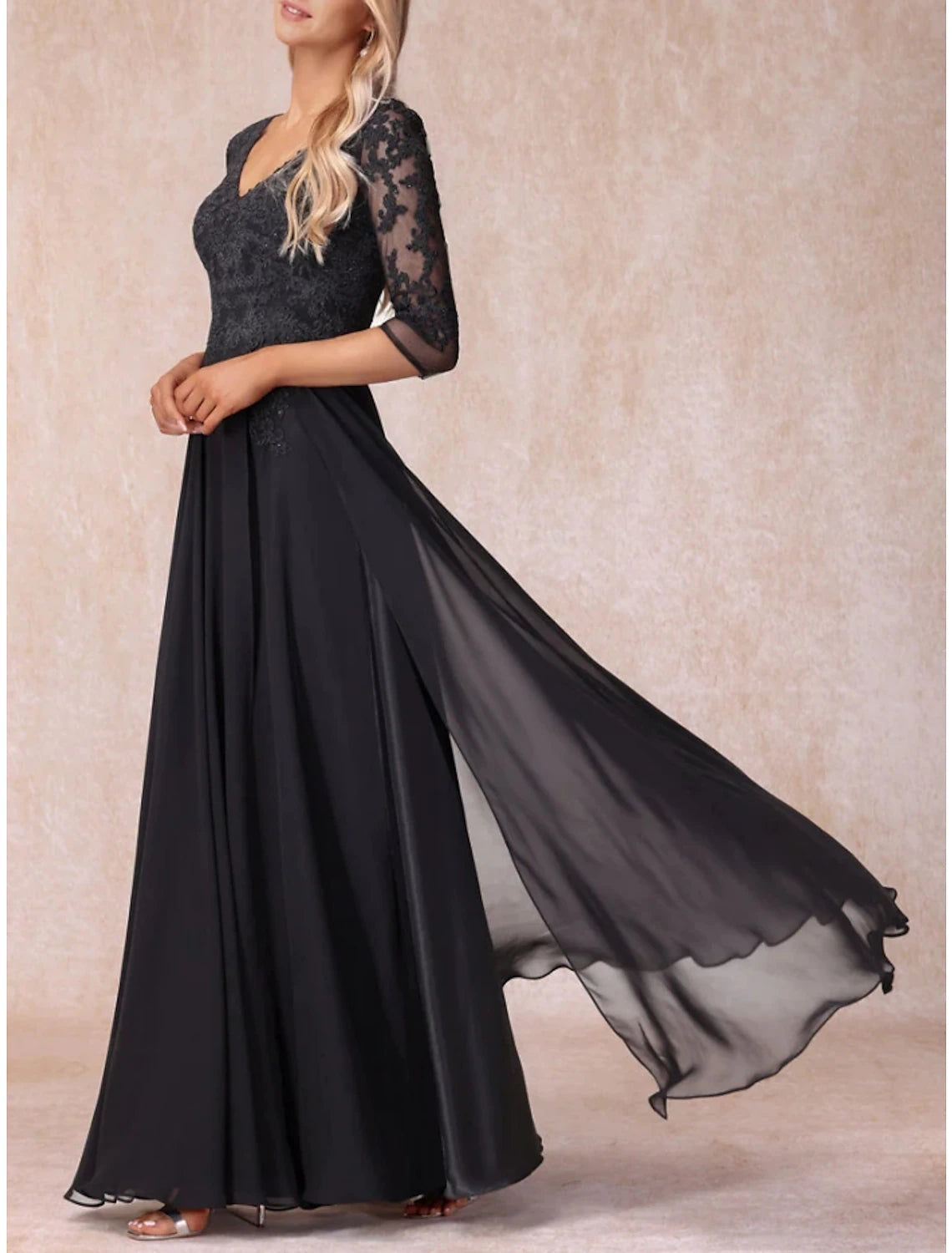 A-Line Mother of the Bride Dress Wedding Guest Elegant V Neck Floor Length Chiffon Lace 3/4 Length Sleeve with Ruching