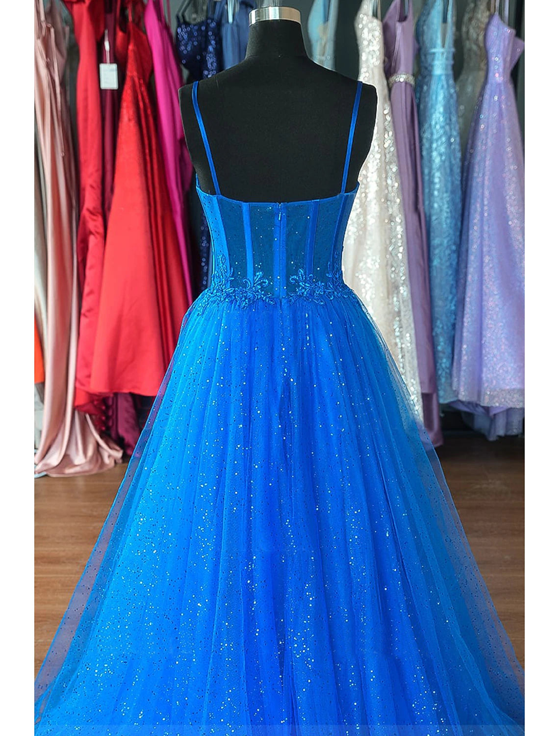 A-Line Prom Dresses Glittering Dress Formal Floor Length Sleeveless Spaghetti Strap Tulle Backless with Pleats Appliques