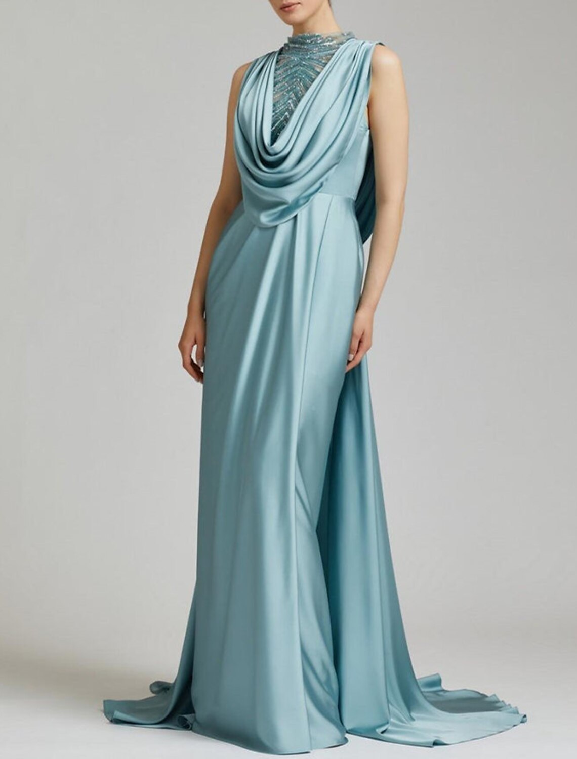 Mermaid / Trumpet Evening Gown Elegant Dress Formal Christmas Court Train Sleeveless Cowl Neck Satin with Ruched Slit
