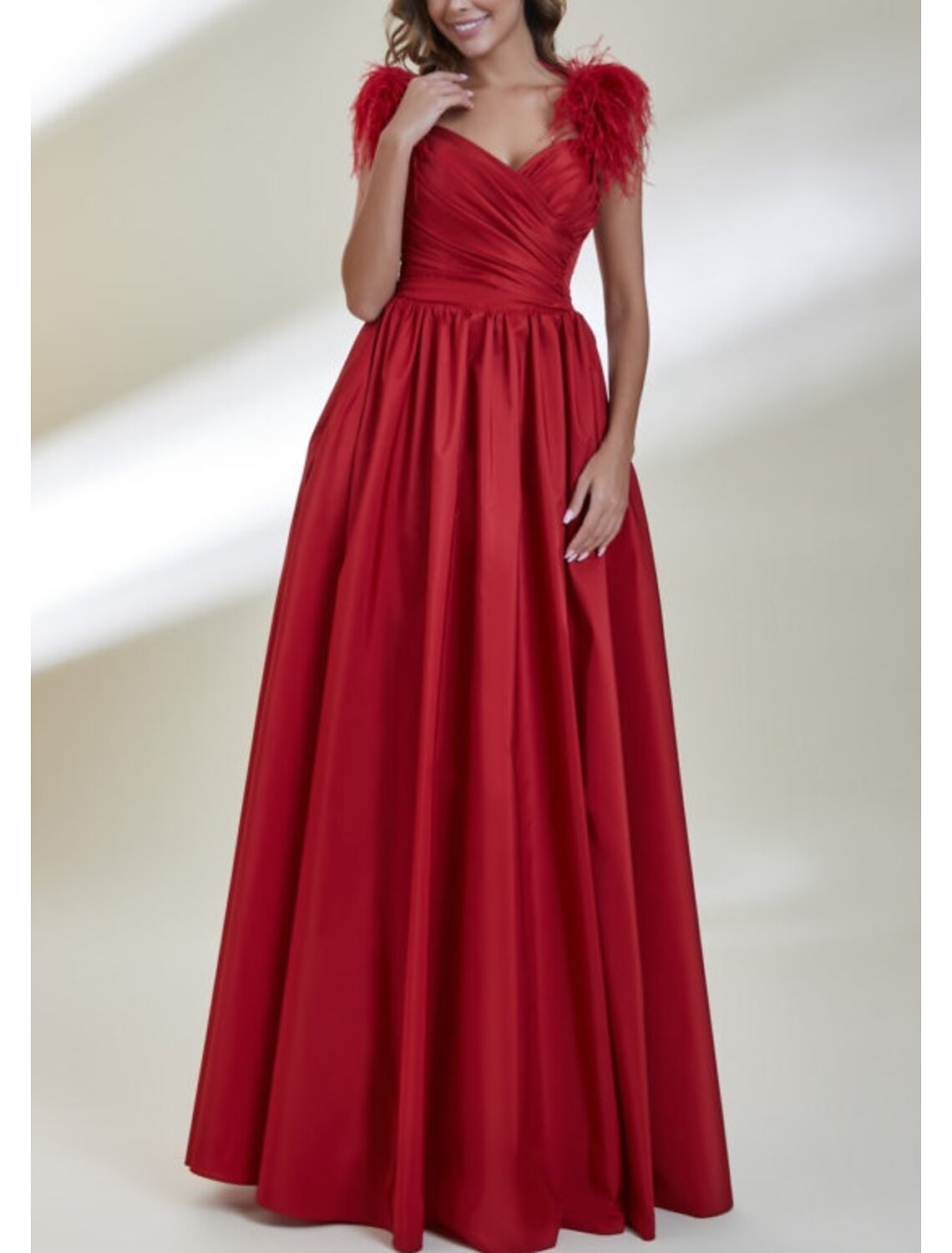 A-Line Evening Gown Elegant Dress Formal Prom Floor Length Sleeveless Sweetheart Satin with Feather Ruched