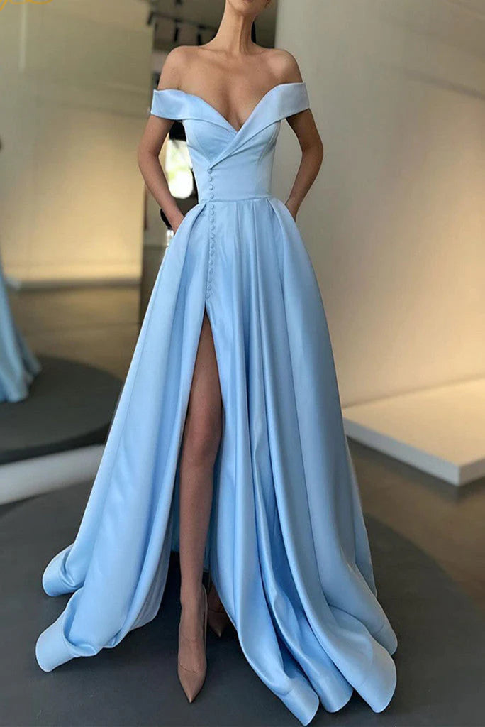 DingJiDress Prom Dresses Sexy A-Line Long Off The Shoulder High Slit Satin