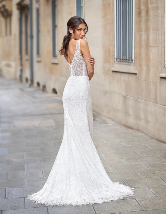DingJiDress an all-over lace sheath gown