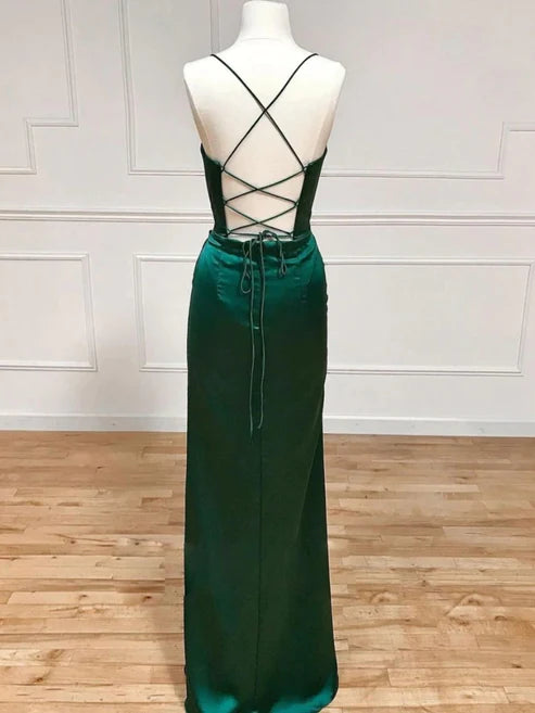 DingJiDress Emerald Floor Length Corset Prom Dresses With Side Slit