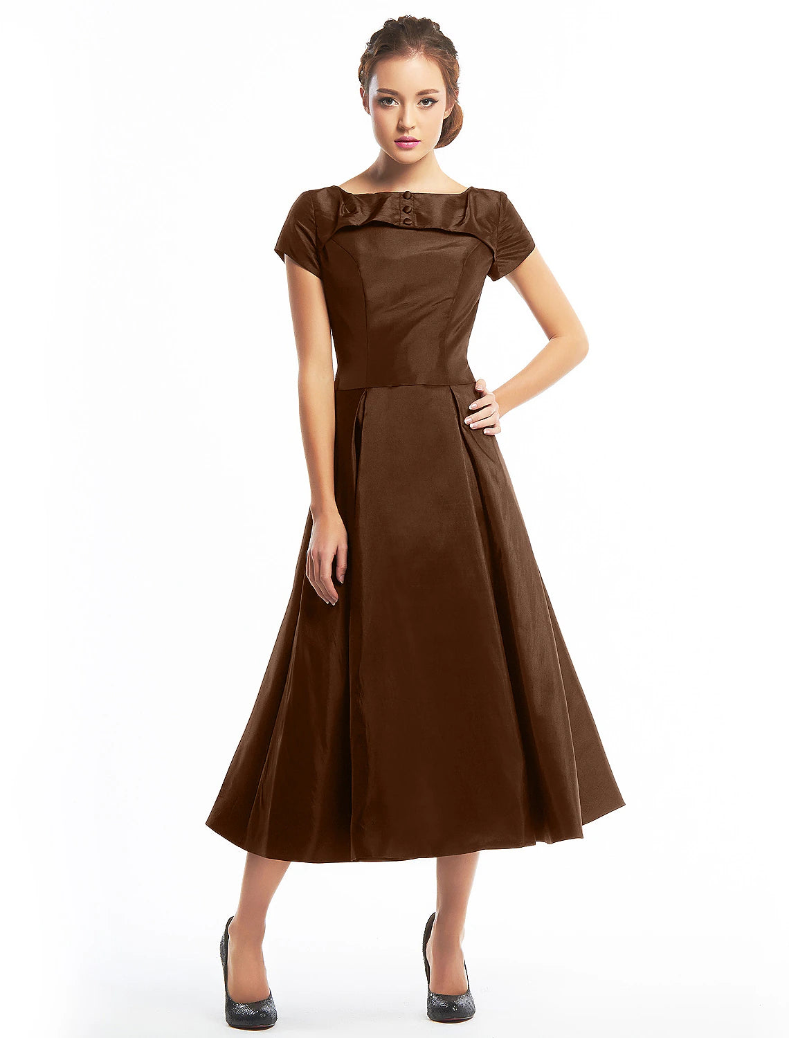 A-Line Vintage Dress Homecoming Wedding Guest Tea Length Short Sleeve Boat Neck Taffeta with Buttons
