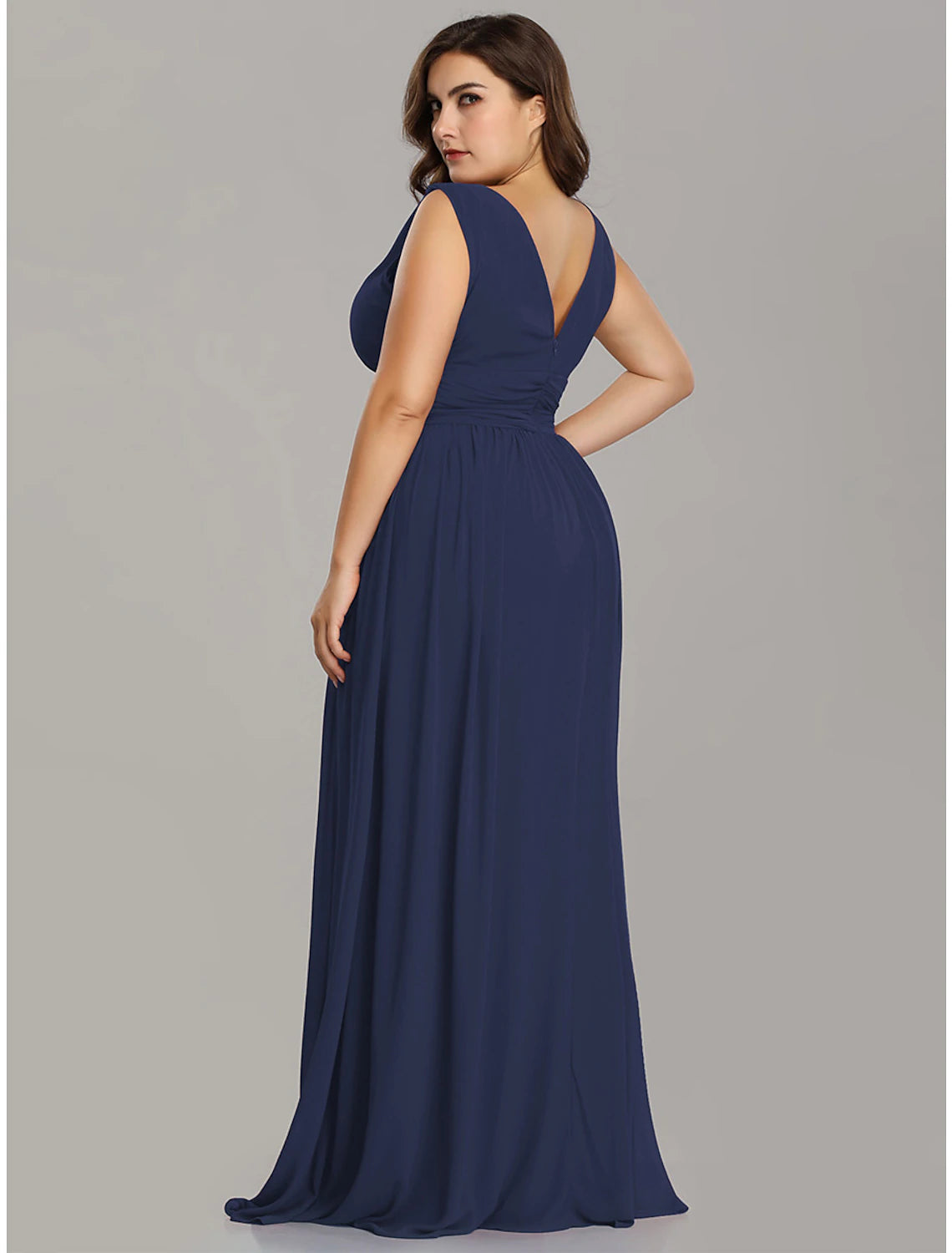 A-Line Plus Size Wedding Formal Evening Dress V Neck V Back Sleeveless Floor Length Chiffon with Pleats
