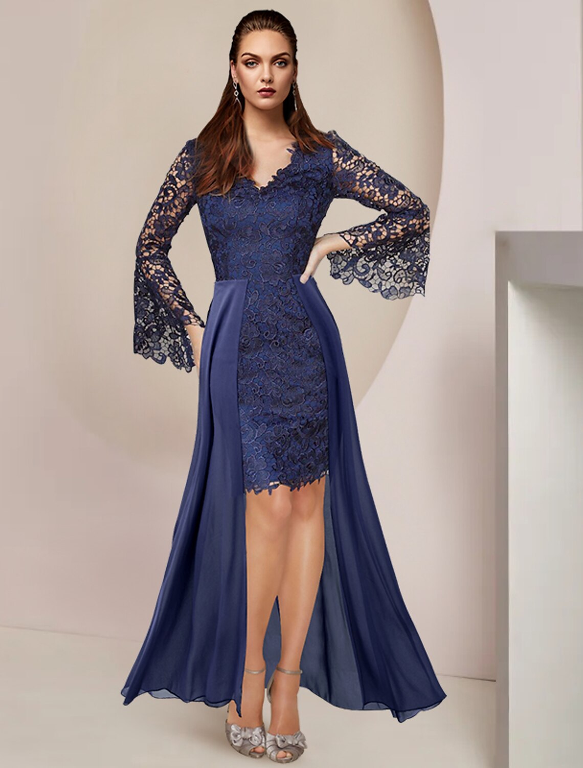 Two Piece Mother of the Bride Dress Formal Wedding Guest Elegant V Neck Knee Length Chiffon Lace Long Sleeve with Applique